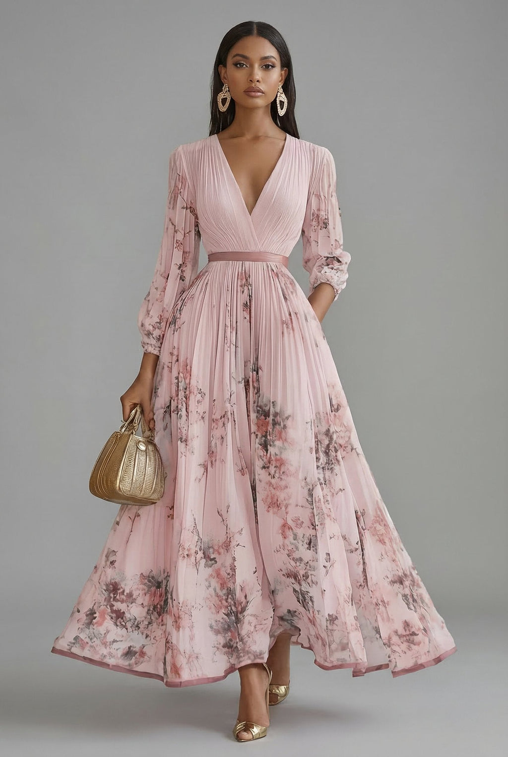 Evelyn | Robe Maxi Décolleté en V à Manches Longues Imprimé Floral Plissé