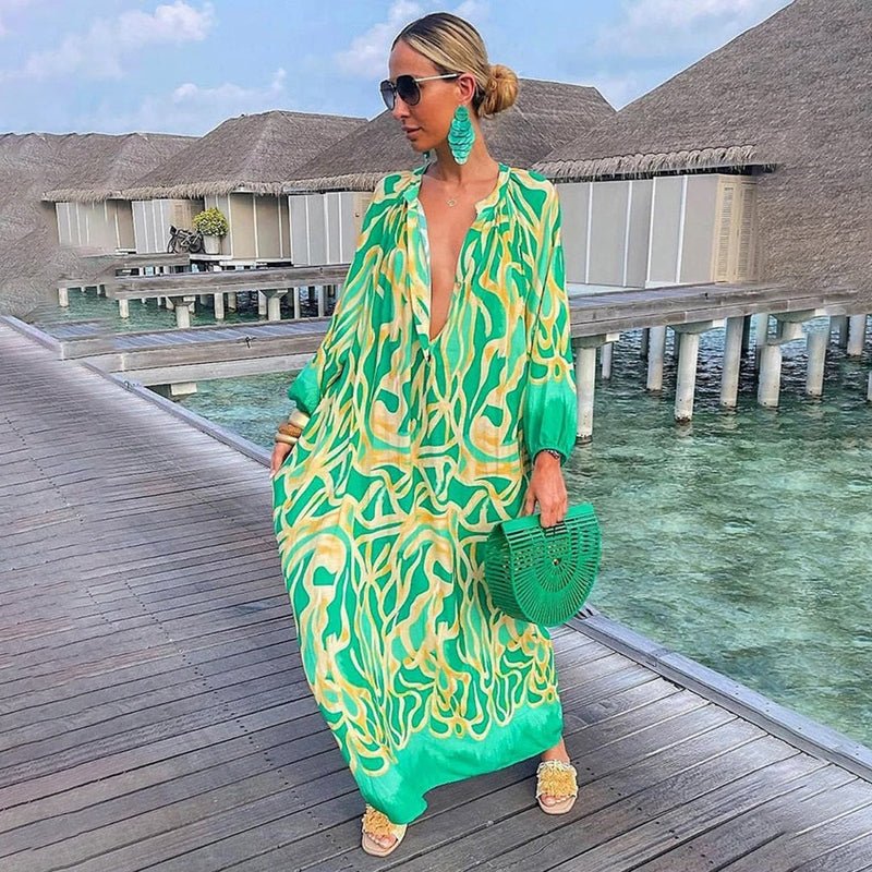 Eleanor | Robe Maxi Kaftan Imprimé Abstrait à Décolleté en V