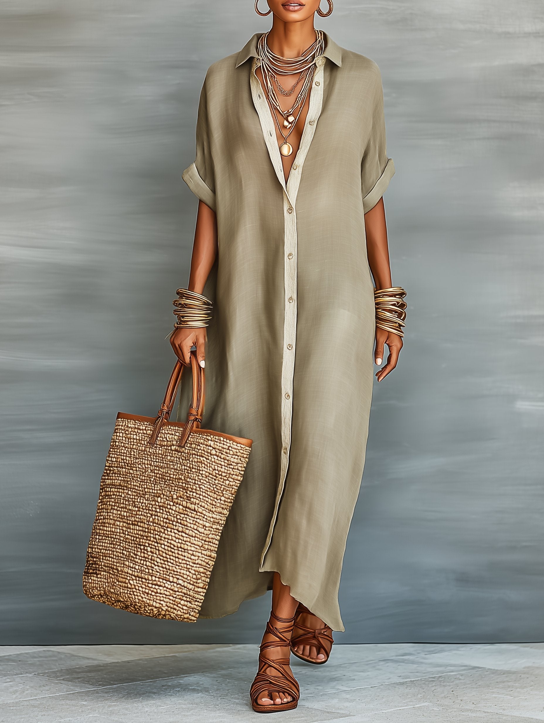 Harper | Robe Chemise Maxi Mélange Lin Manches Courtes Minimaliste