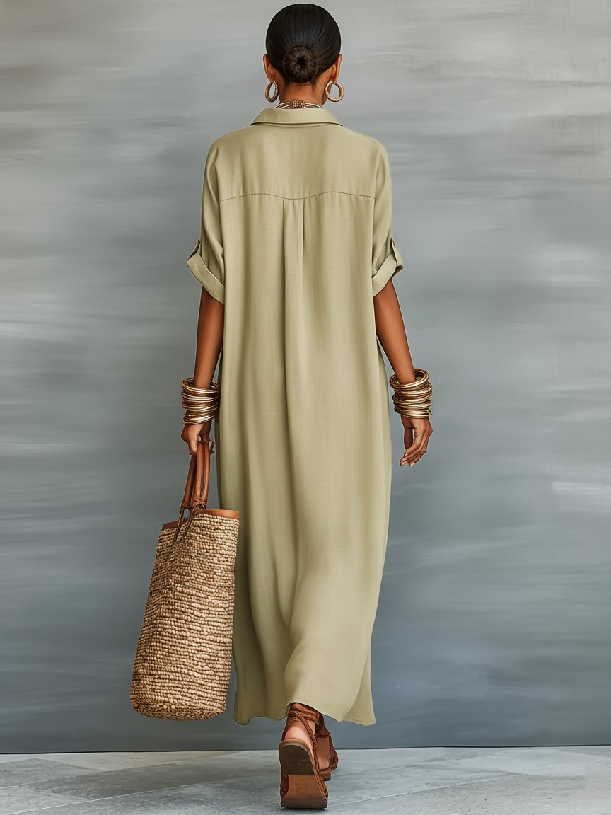 Harper | Robe Chemise Maxi Mélange Lin Manches Courtes Minimaliste