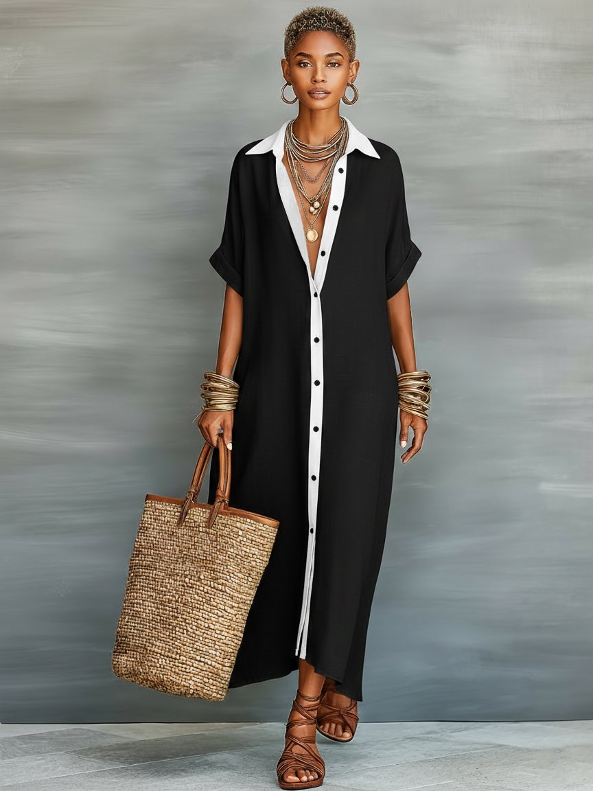 Harper | Robe Chemise Maxi Mélange Lin Manches Courtes Minimaliste