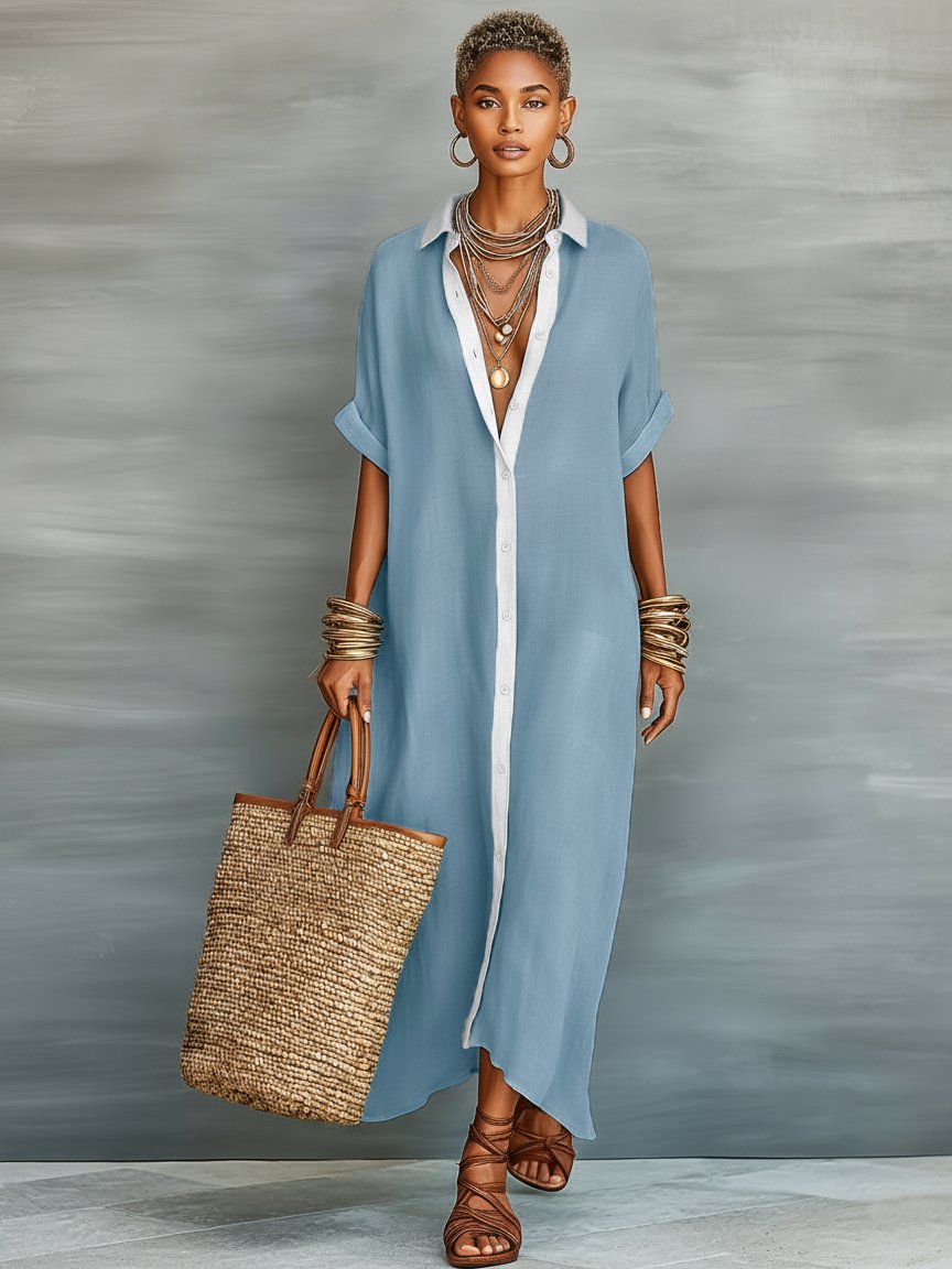 Harper | Robe Chemise Maxi Mélange Lin Manches Courtes Minimaliste