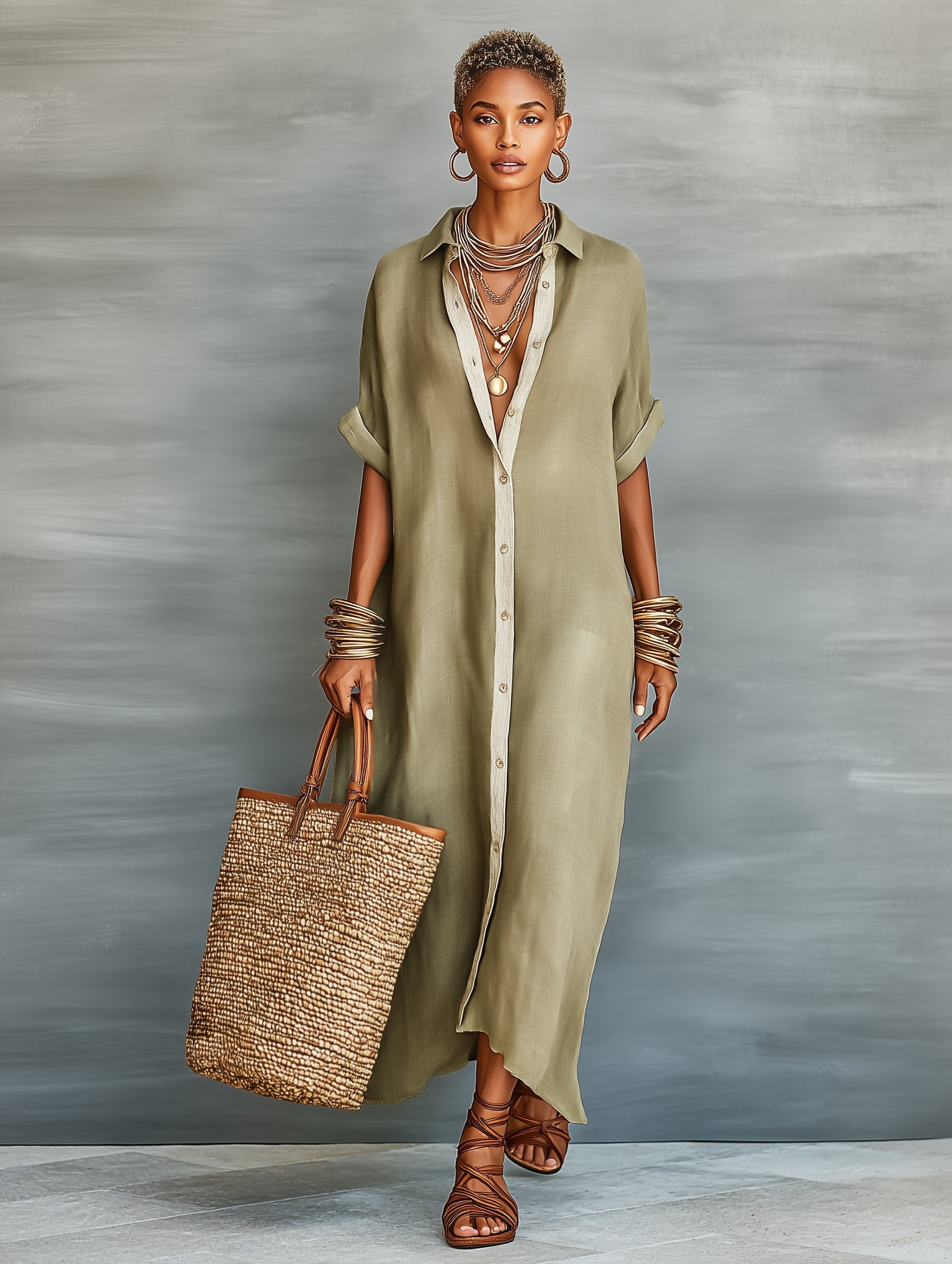 Harper | Robe Chemise Maxi Mélange Lin Manches Courtes Minimaliste