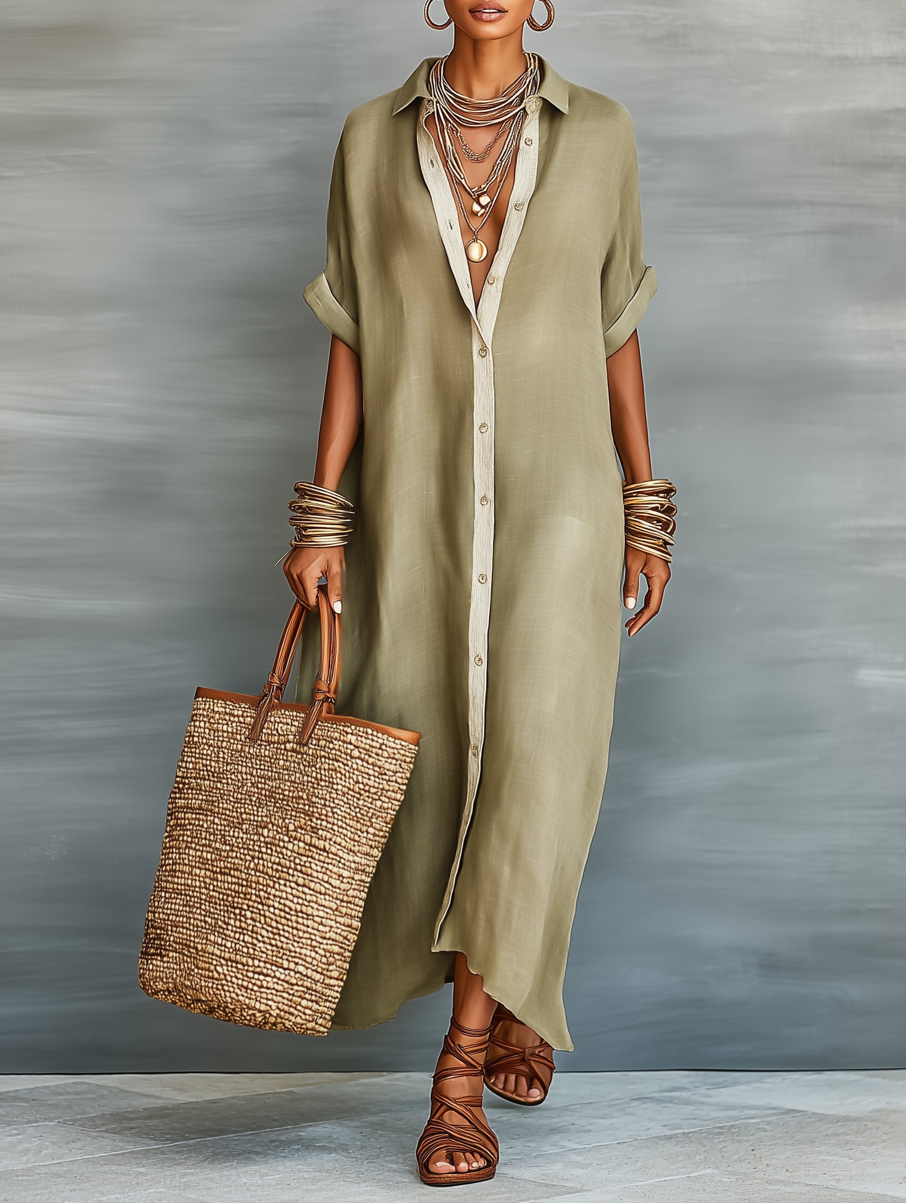 Harper | Robe Chemise Maxi Mélange Lin Manches Courtes Minimaliste