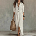 Chloé | Robe Chemise Maxi à Manches Trois Quarts en Lin Coton Ample