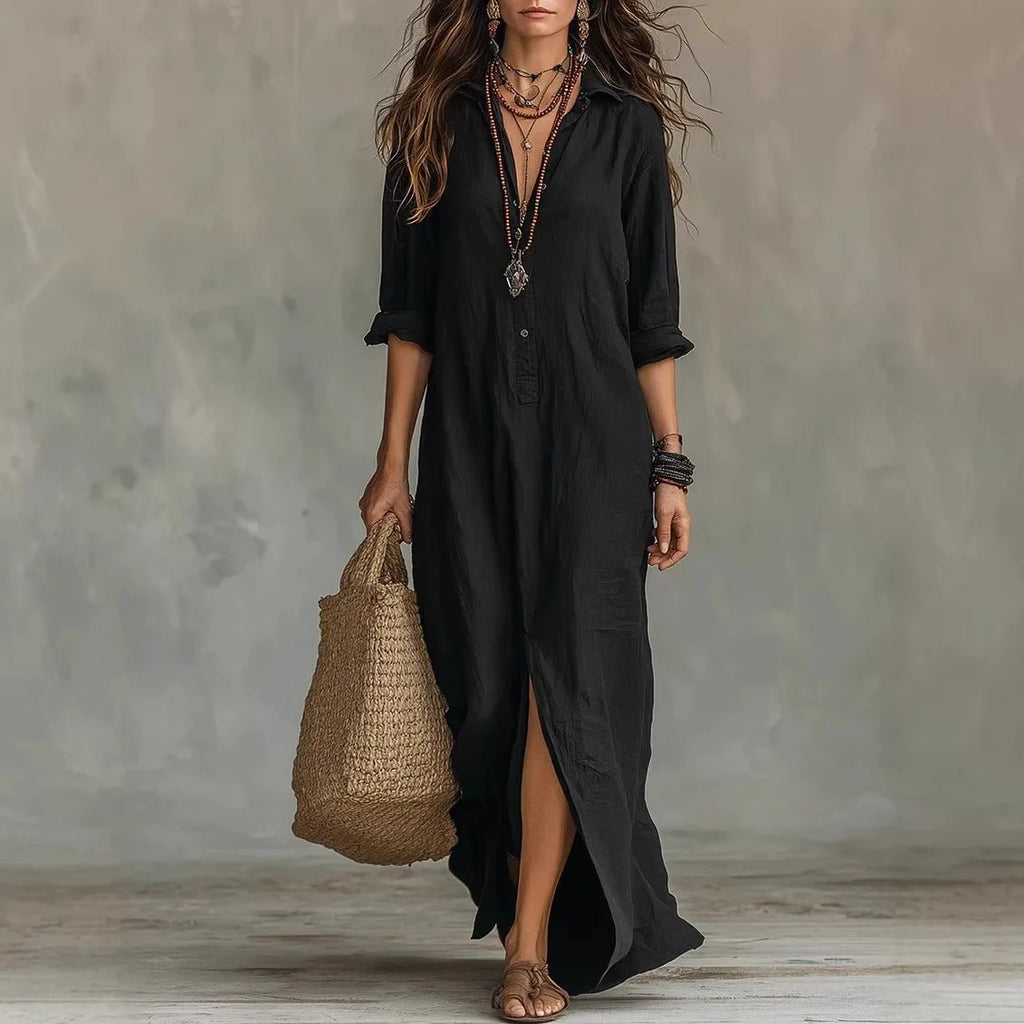 Chloé | Robe Chemise Maxi à Manches Trois Quarts en Lin Coton Ample