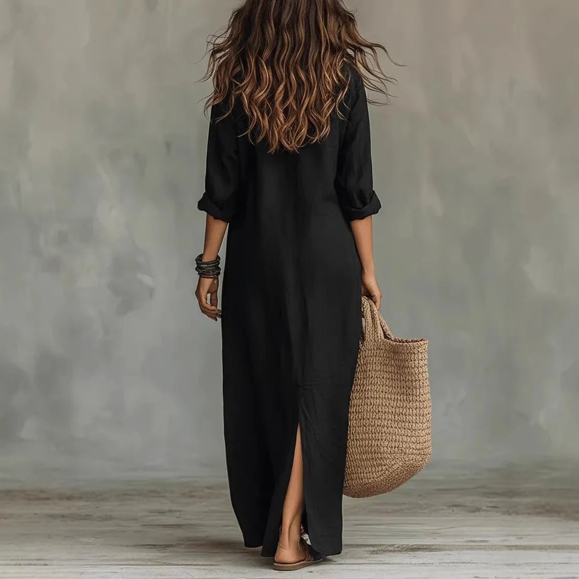 Chloe | Robe Chemise Maxi à Manches Trois Quarts en Lin et Coton Ample