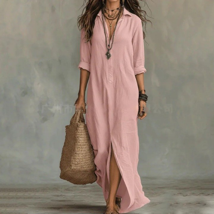Chloe | Robe Chemise Maxi à Manches Trois Quarts en Lin et Coton Ample