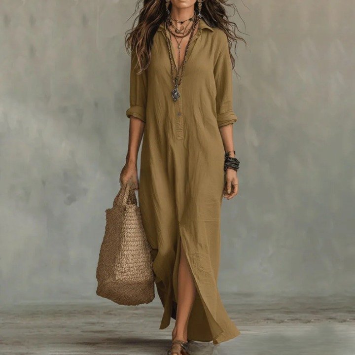Chloé | Robe Chemise Maxi à Manches Trois Quarts en Lin Coton Ample