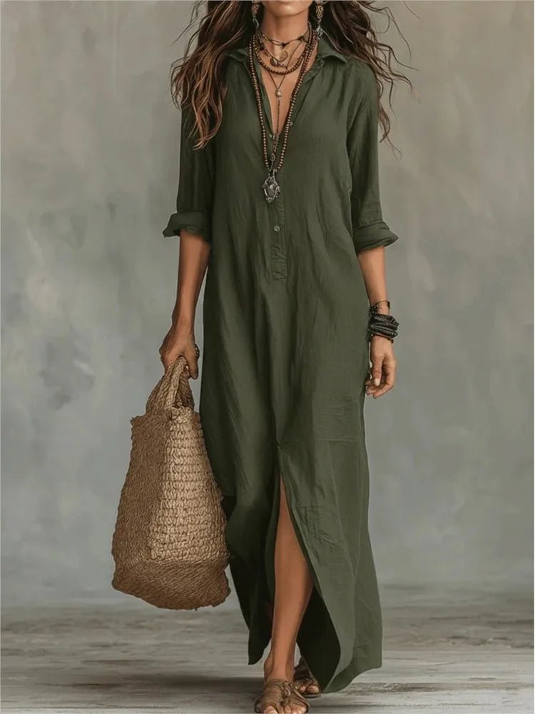 Chloe | Robe Chemise Maxi à Manches Trois Quarts en Lin et Coton Ample