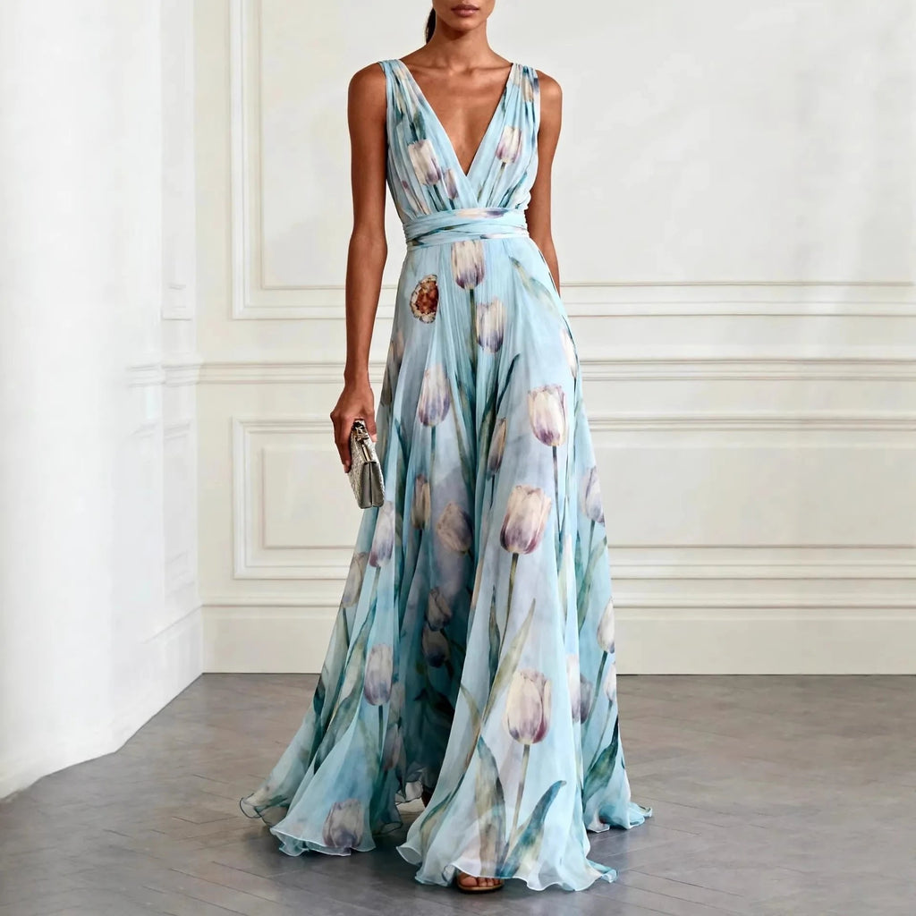 Harper | Robe Maxi Croisée Décolleté V Profond Chiffon Sans Manches Longueur Sol