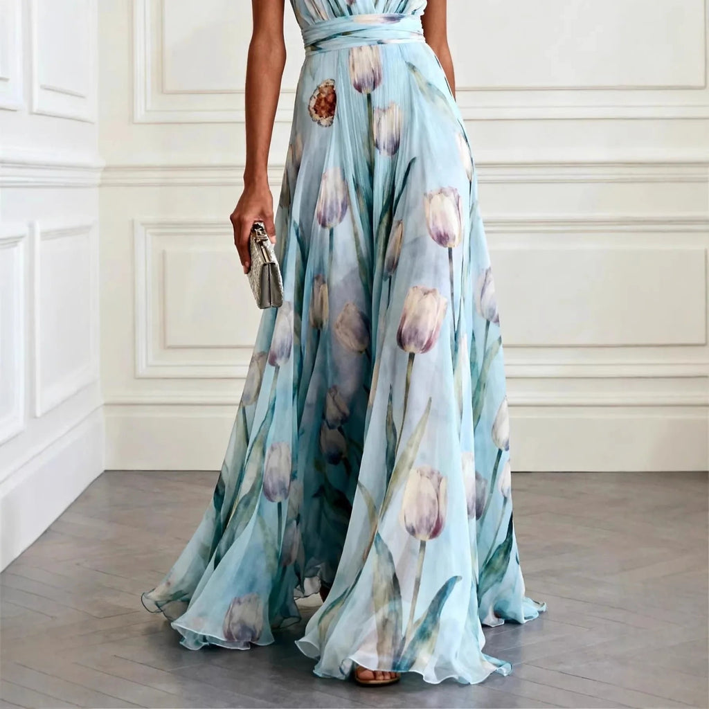 Harper | Robe Maxi Wrap Décolleté Profond en Chiffon Sans Manches Longue