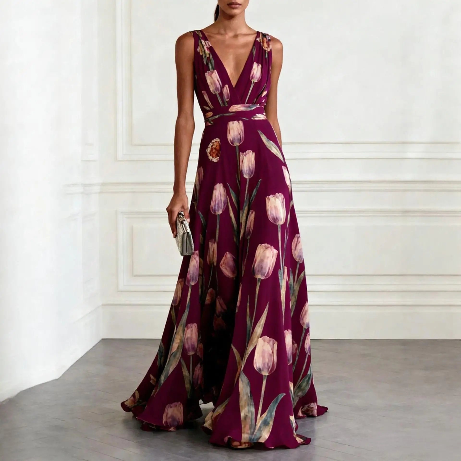 Harper | Robe Maxi Croisée Décolleté V Profond Chiffon Sans Manches Longueur Sol