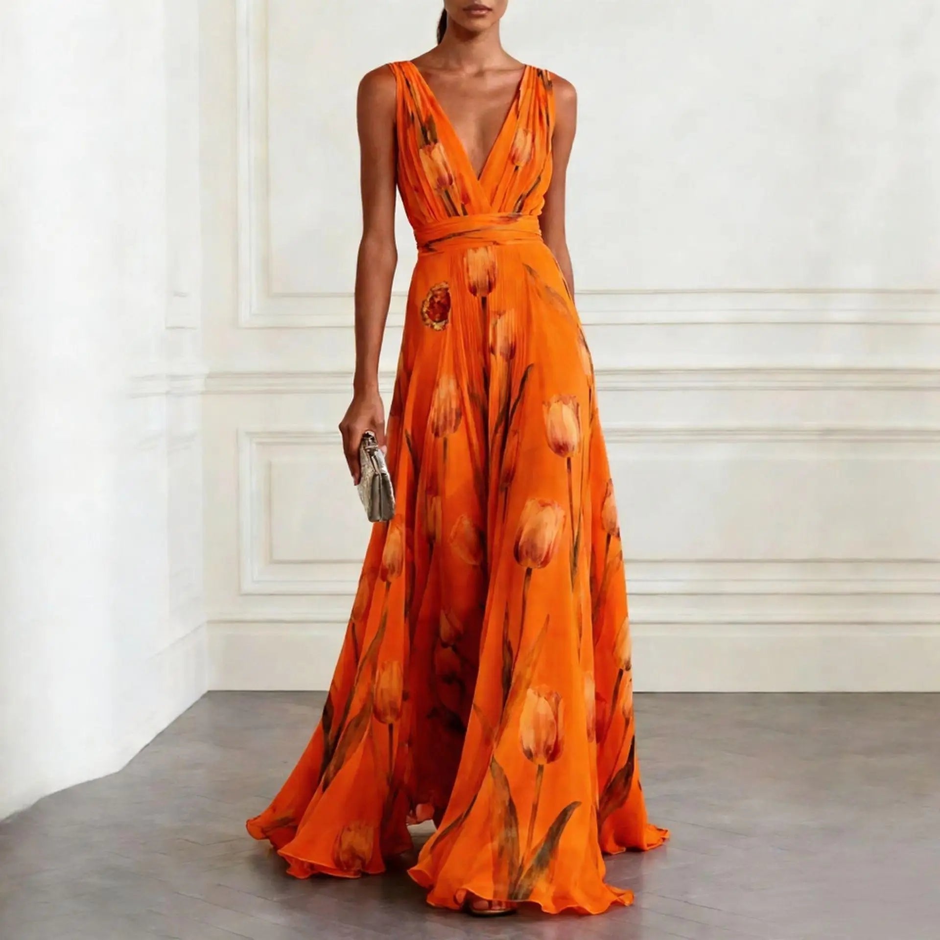 Harper | Robe Maxi Wrap Décolleté Profond en Chiffon Sans Manches Longue