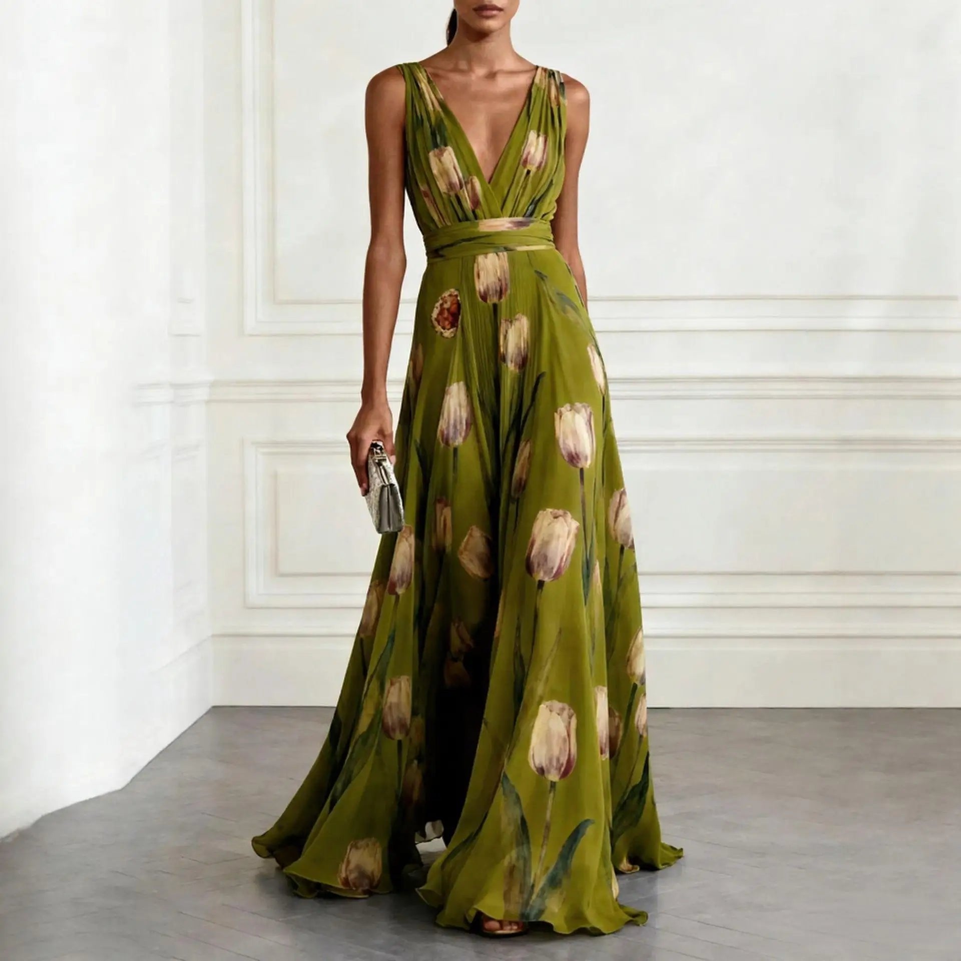 Harper | Robe Maxi Croisée Décolleté V Profond Chiffon Sans Manches Longueur Sol