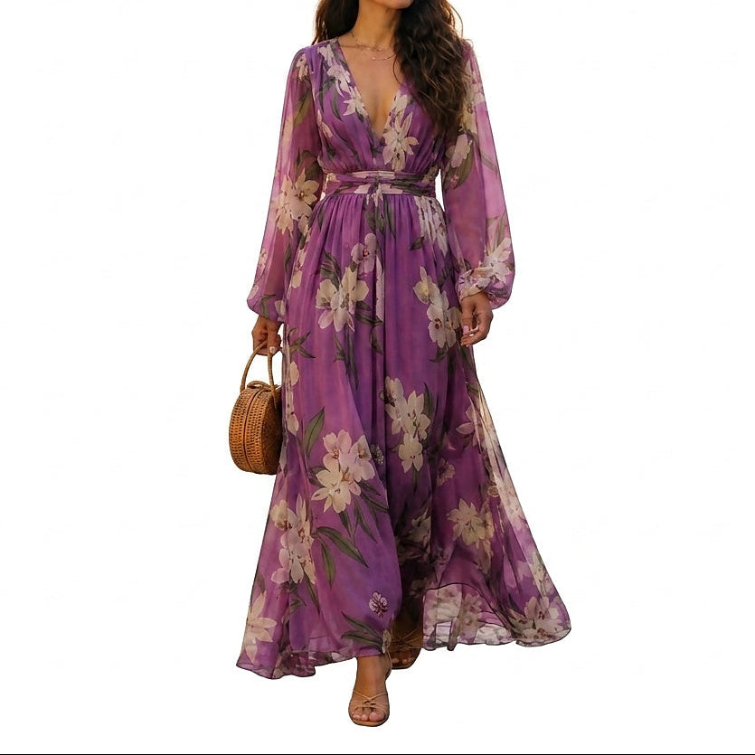 Robe maxi à motifs floraux et décolleté en V pour femmes
