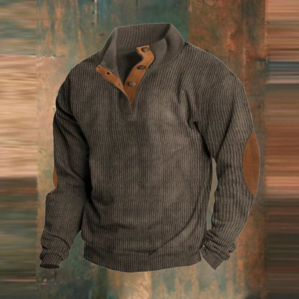 Pull Henley pour hommes avec structure en côtes et patchs aux coudes