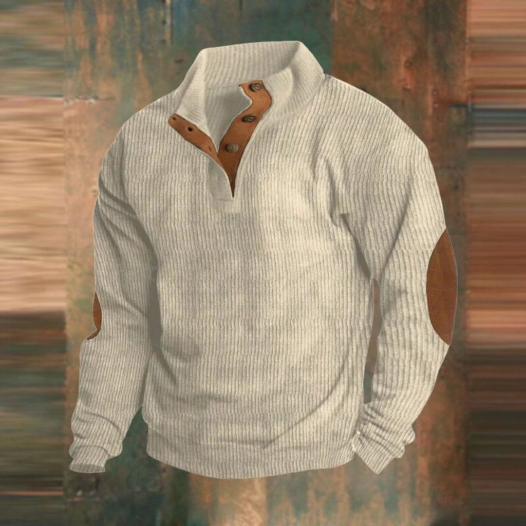 Pull Henley pour hommes avec structure en côtes et patchs aux coudes