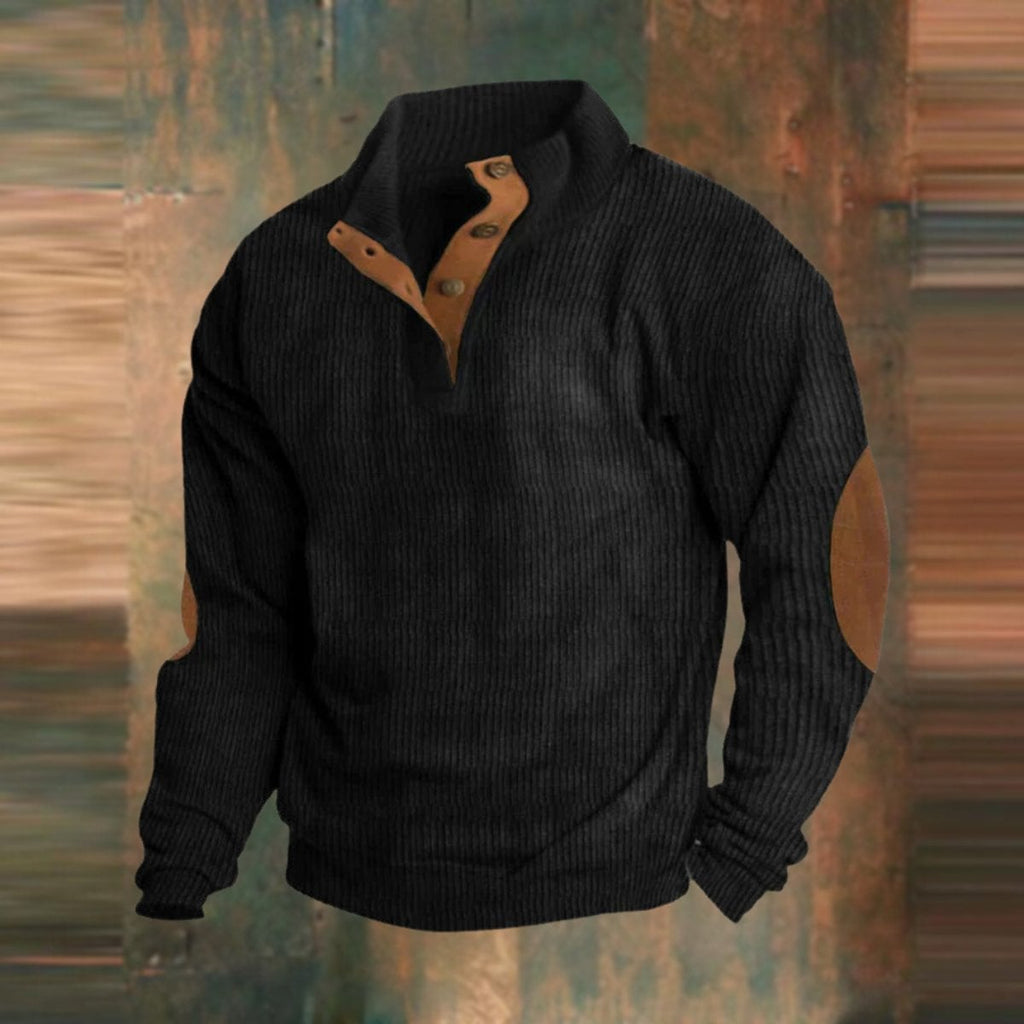 Pull Henley pour hommes avec structure en côtes et patchs aux coudes