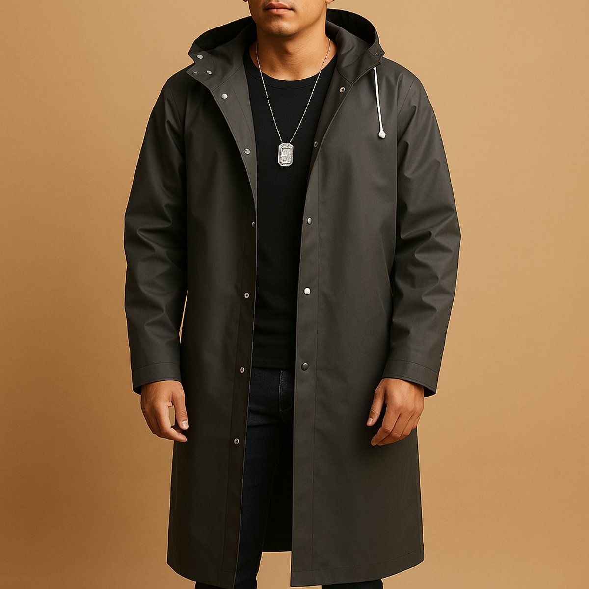 Nathan | Veste de pluie longue imperméable à capuche pour homme avec boutons-pression EVA