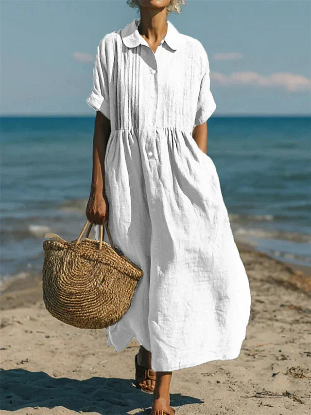 Meredith | Robe Midi à Col Claudine avec Boutonnage Avant pour Femme