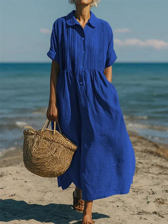 Meredith | Robe Midi à Col Claudine avec Boutonnage Avant pour Femme