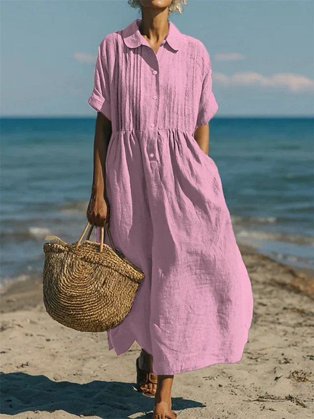 Meredith | Robe Midi à Col Claudine avec Boutonnage Avant pour Femme