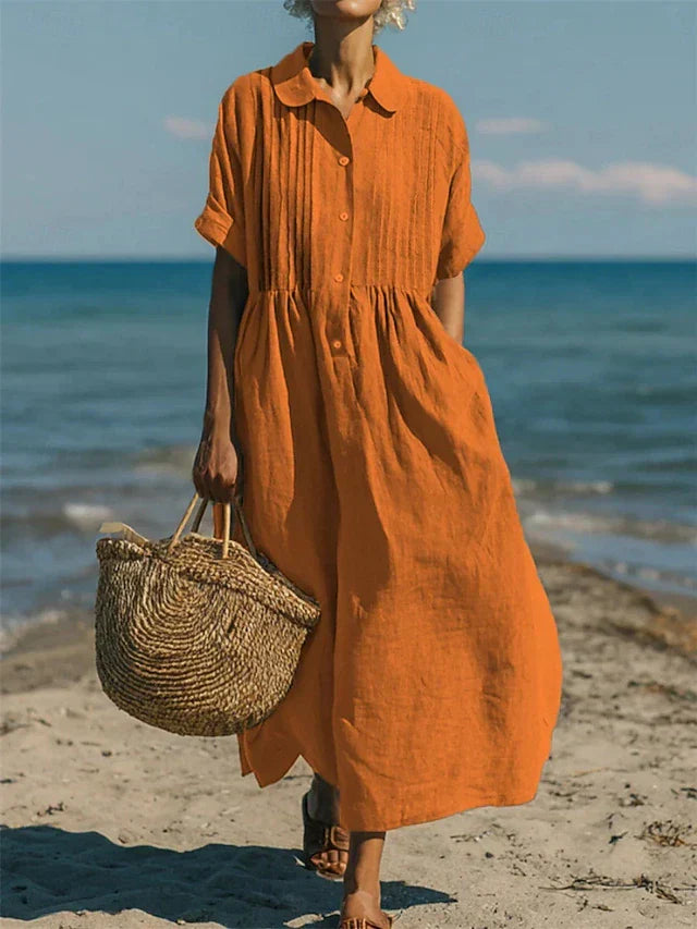 Meredith | Robe Midi à Col Claudine avec Boutonnage Avant pour Femme