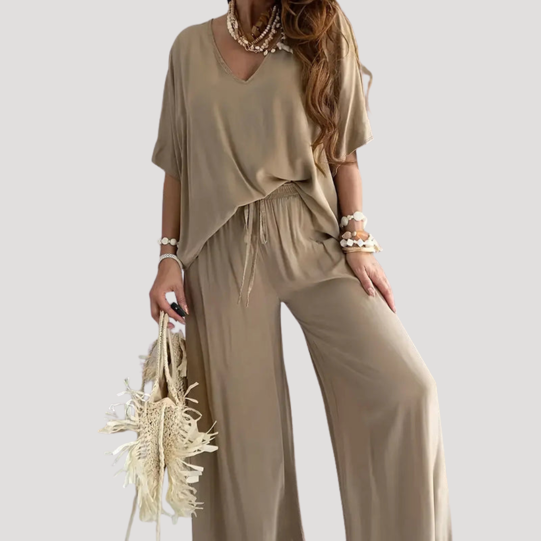 Meredith | Ensemble Deux Pièces à Encolure en V et Pantalon Large pour Femmes