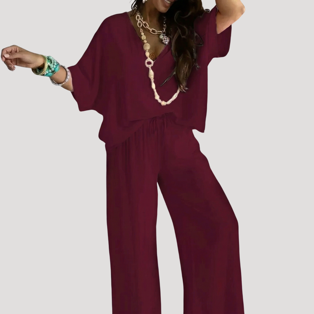 Meredith | Ensemble Deux Pièces à Encolure en V et Pantalon Large pour Femmes
