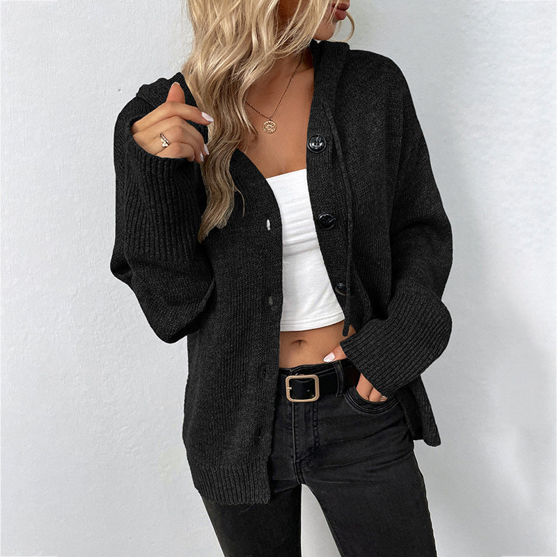 Gilet à Capuche avec Boutonnage – Cardigan Tricoté Coupe Ample