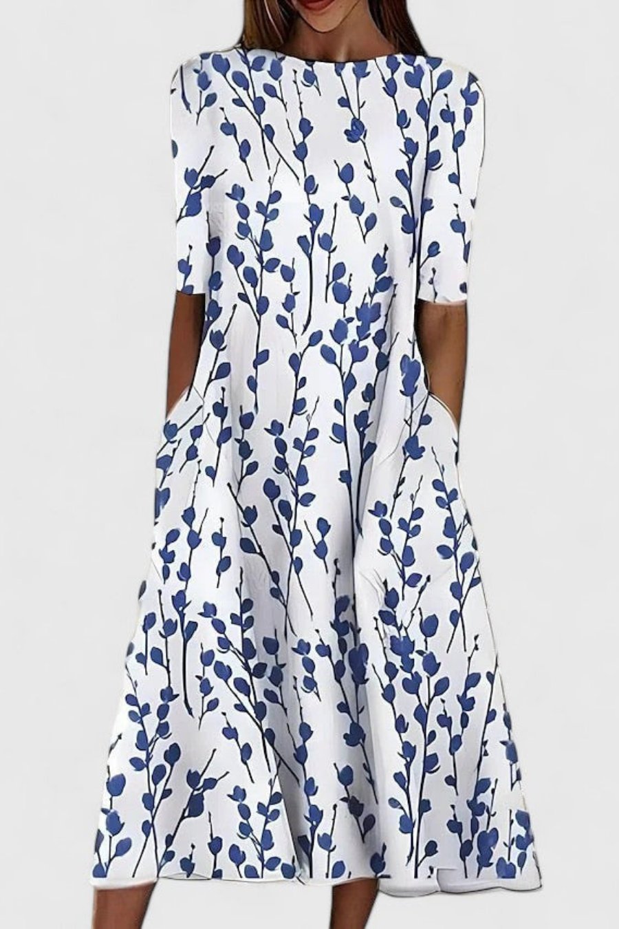 Olivia | Robe Midi en Coton Col Rond à Manches Courtes A-Line avec Poches