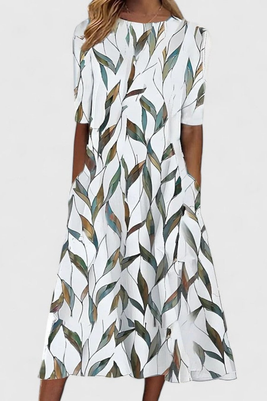 Olivia | Robe Midi en Coton Col Rond à Manches Courtes A-Line avec Poches