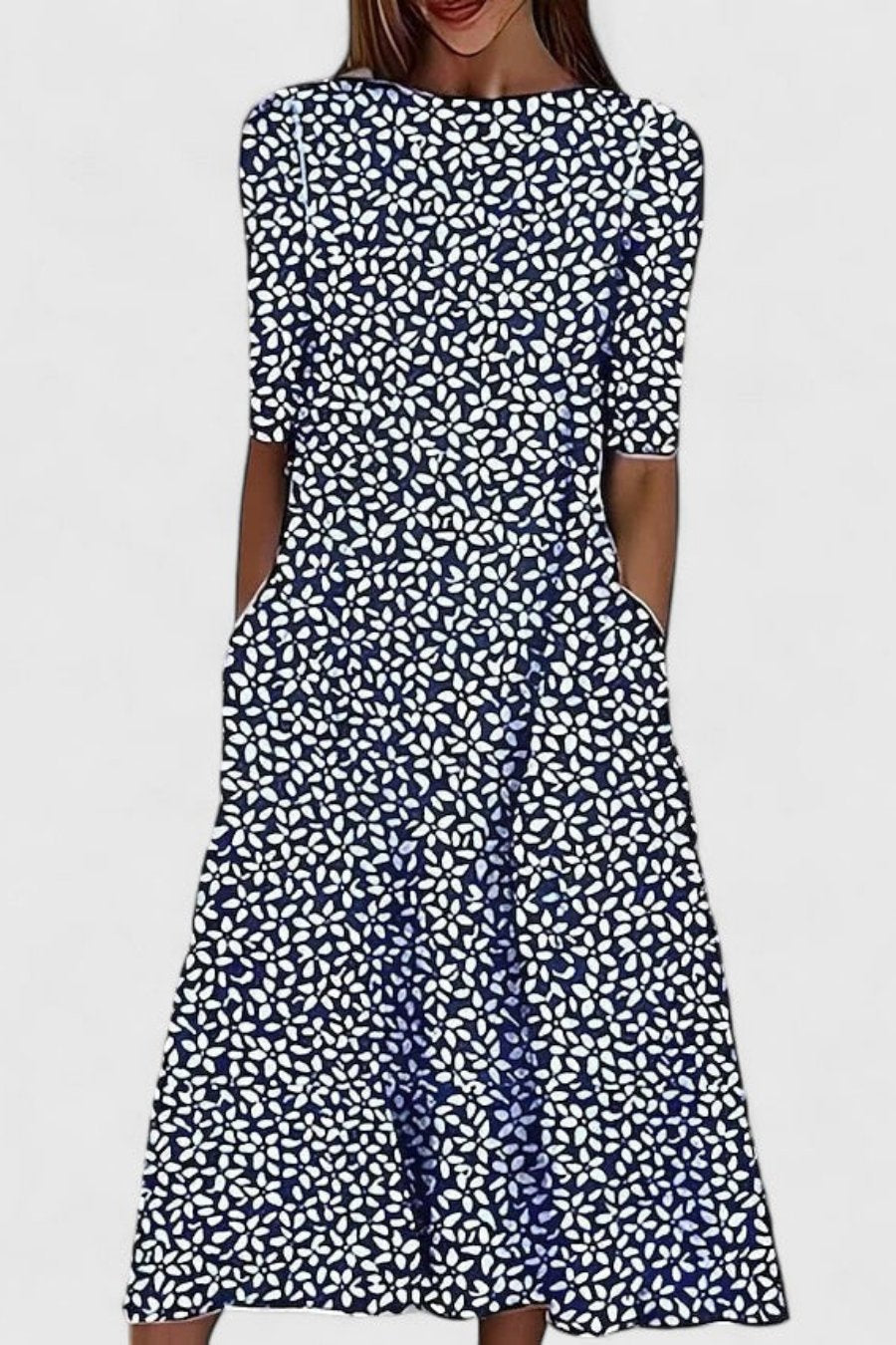 Olivia | Robe Midi en Coton Col Rond à Manches Courtes A-Line avec Poches
