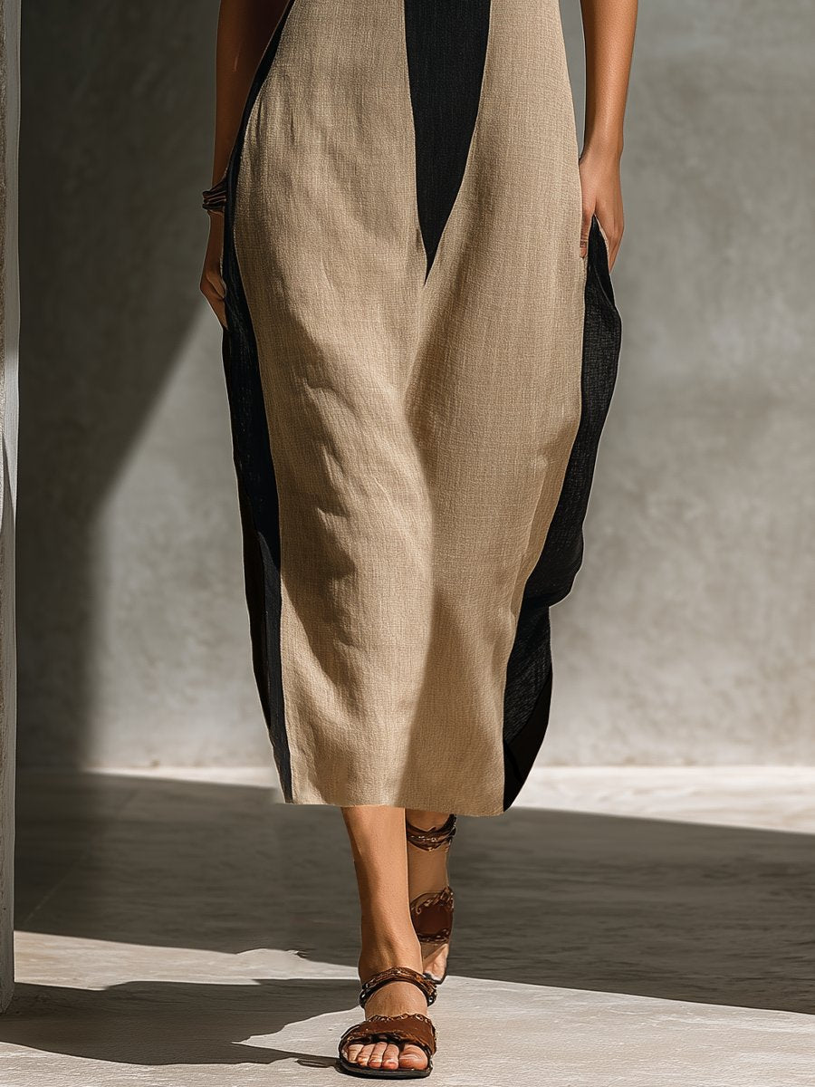 Amelia | Robe Midi Halter Découpe en Oeil de Perde Couleur Bloc Mélange de Coton
