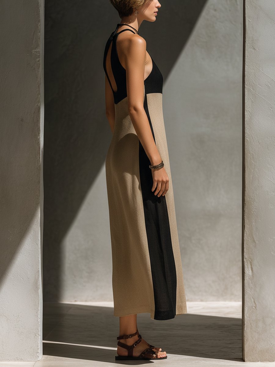 Amelia | Robe Midi Halter avec Découpe en Forme de Clé Couleur Bloc Coton Mélangé