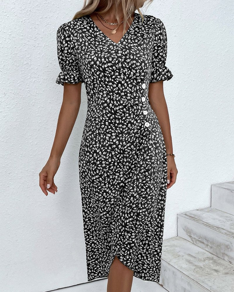 Olivia | Robe Midi Croisée Décolleté en V Imprimé Floral Bouton Latéral