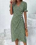 Olivia | Robe Midi Portefeuille Col V Imprimé Floral Bouton Sur le Côté