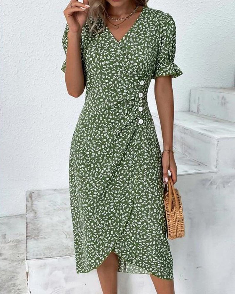 Olivia | Robe Midi Portefeuille Col V Imprimé Floral Bouton Sur le Côté