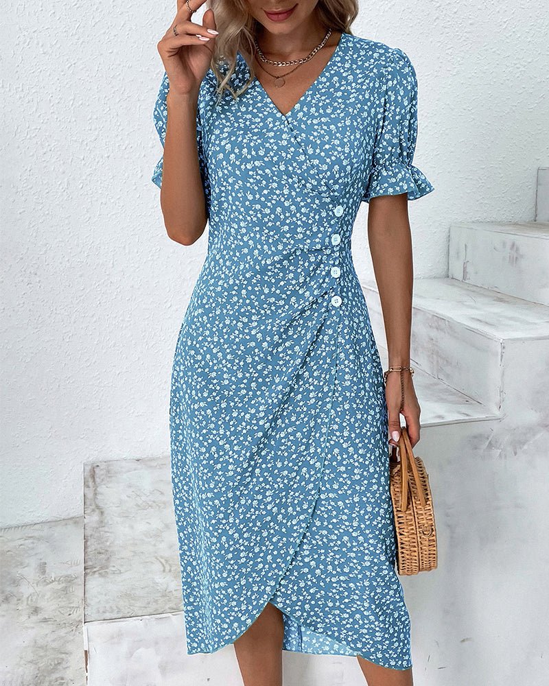 Olivia | Robe Midi Portefeuille Col V Imprimé Floral Bouton Sur le Côté