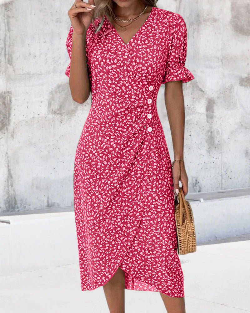 Olivia | Robe Midi Portefeuille Col V Imprimé Floral Bouton Sur le Côté