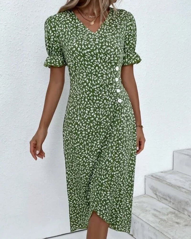 Olivia | Robe Midi Croisée Décolleté en V Imprimé Floral Bouton Latéral