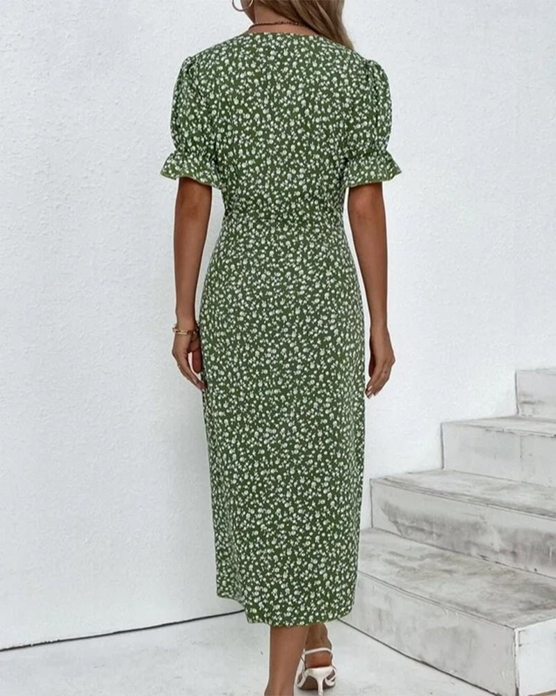 Olivia | Robe Midi Croisée Décolleté en V Imprimé Floral Bouton Latéral