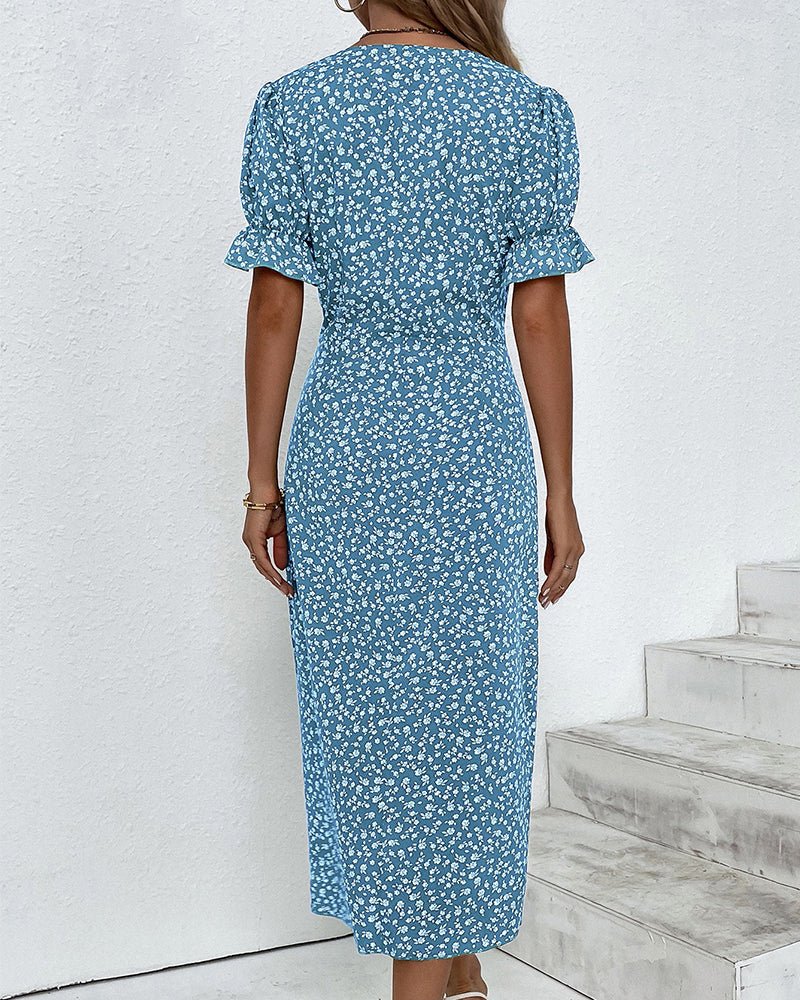 Olivia | Robe Midi Croisée Décolleté en V Imprimé Floral Bouton Latéral