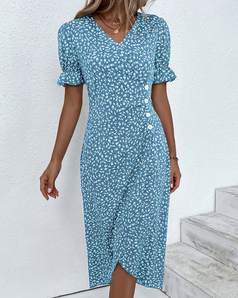 Olivia | Robe Midi Portefeuille Col V Imprimé Floral Bouton Sur le Côté