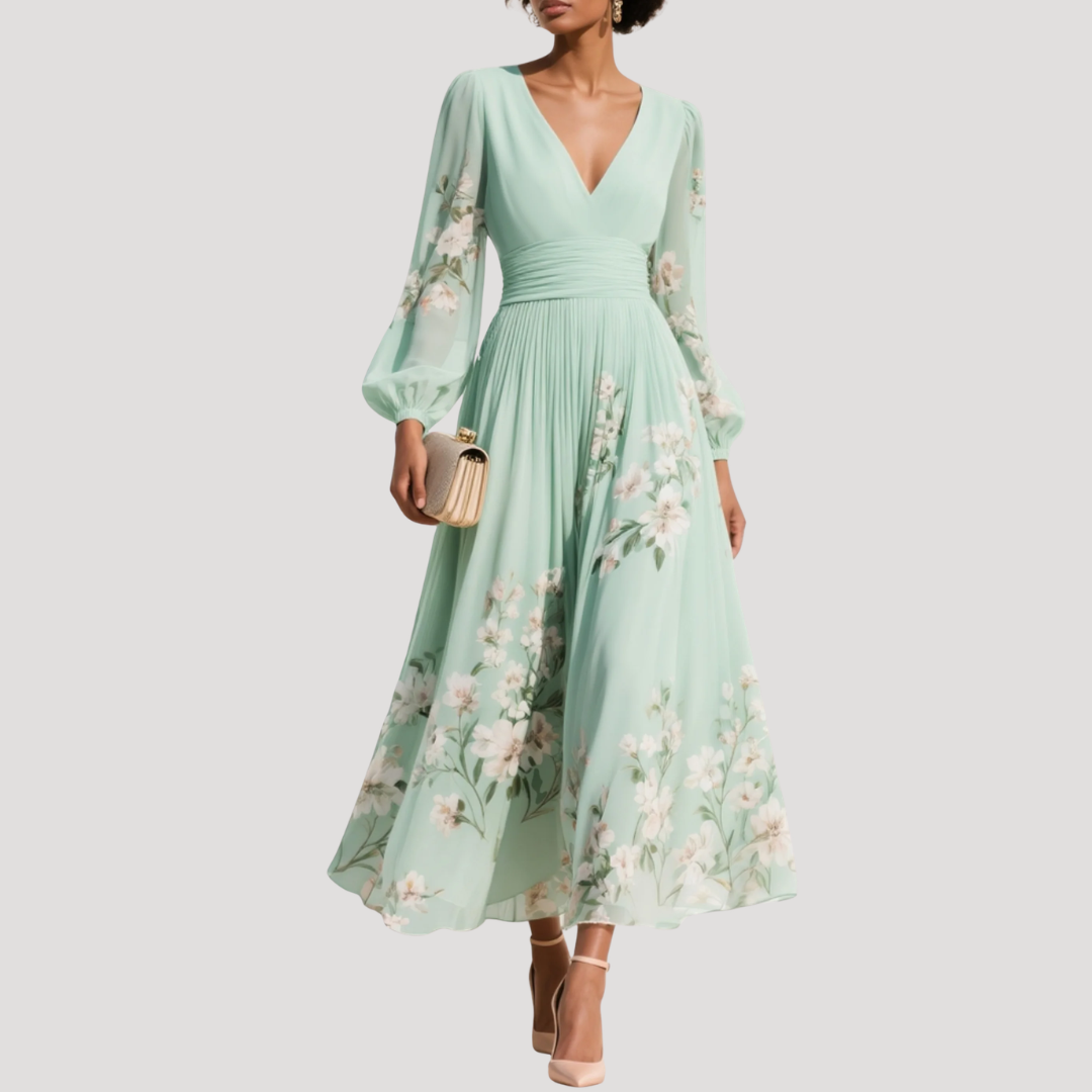 Octavia | Robe Midi à Fleurs à Manches Longues et Décolleté en V pour Femme
