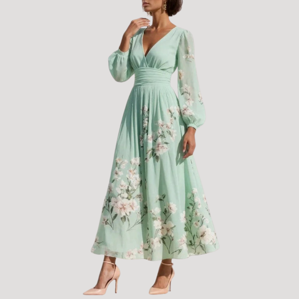 Octavia | Robe Midi à Fleurs à Manches Longues et Décolleté en V pour Femme