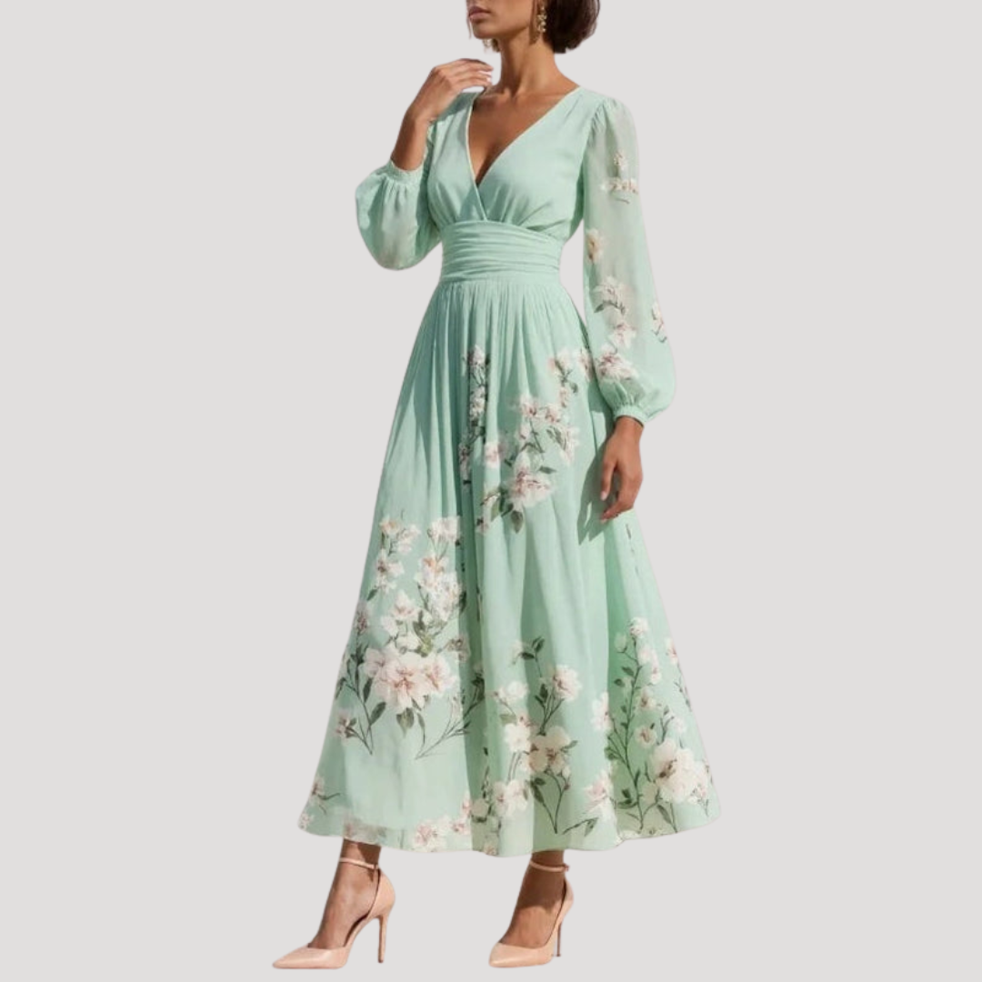 Octavia | Robe Midi à Fleurs à Manches Longues et Décolleté en V pour Femme