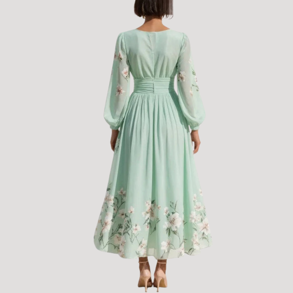 Octavia | Robe Midi à Fleurs à Manches Longues et Décolleté en V pour Femme