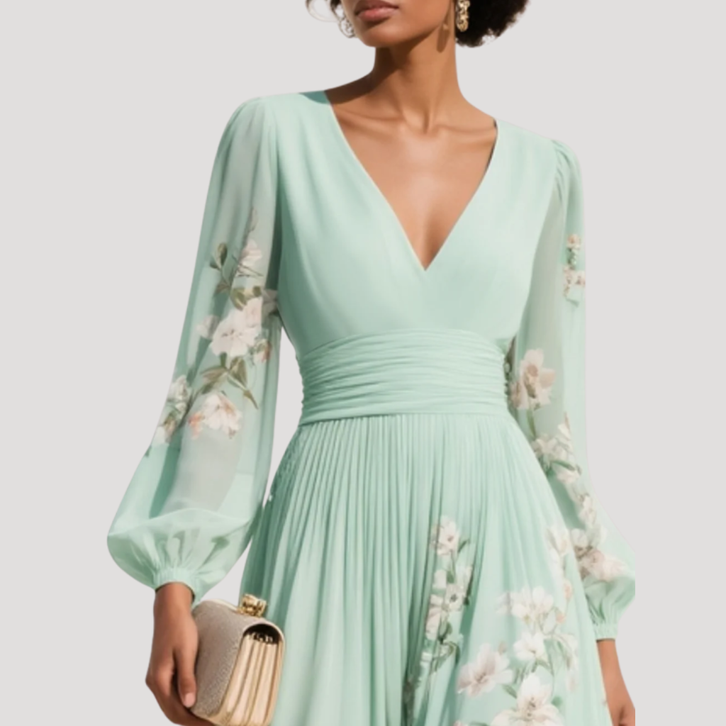 Octavia | Robe Midi à Fleurs à Manches Longues et Décolleté en V pour Femme